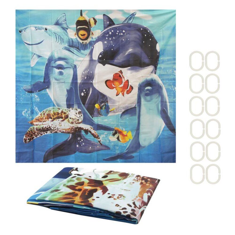 Under the Sea Selfie Shower Curtain with 12 Hooks, 70" x 70"